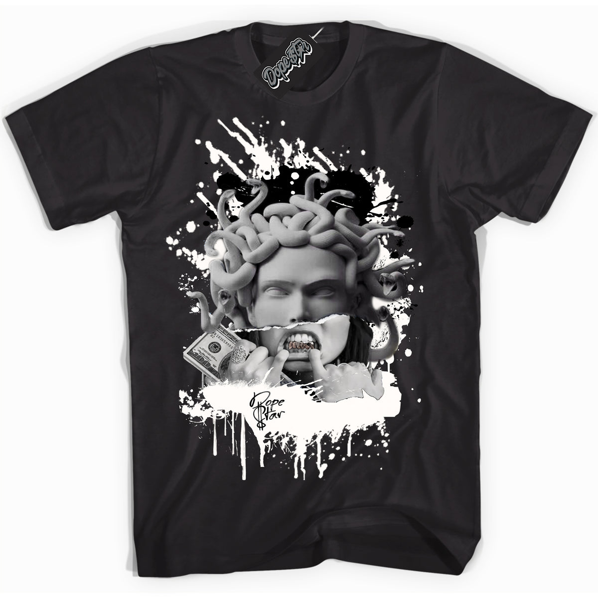 Cool Black graphic tee with “ MEDUSA ” print, that perfectly matches AJKO 1s Low Black and White sneakers