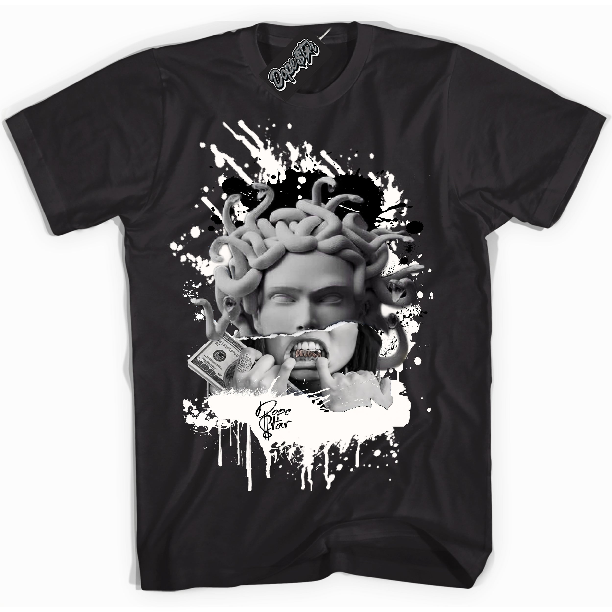 Cool Black graphic tee with “ MEDUSA ” print, that perfectly matches AJKO 1s Low Black and White sneakers