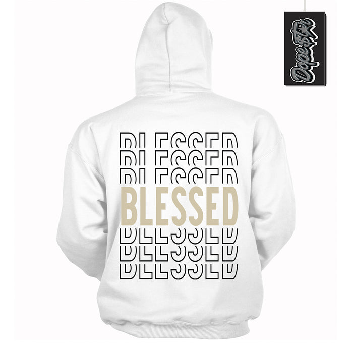 Cool White Hoodie with “ Blessed Stacked ”  design that Perfectly Matches Gratitude 11s Sneakers.