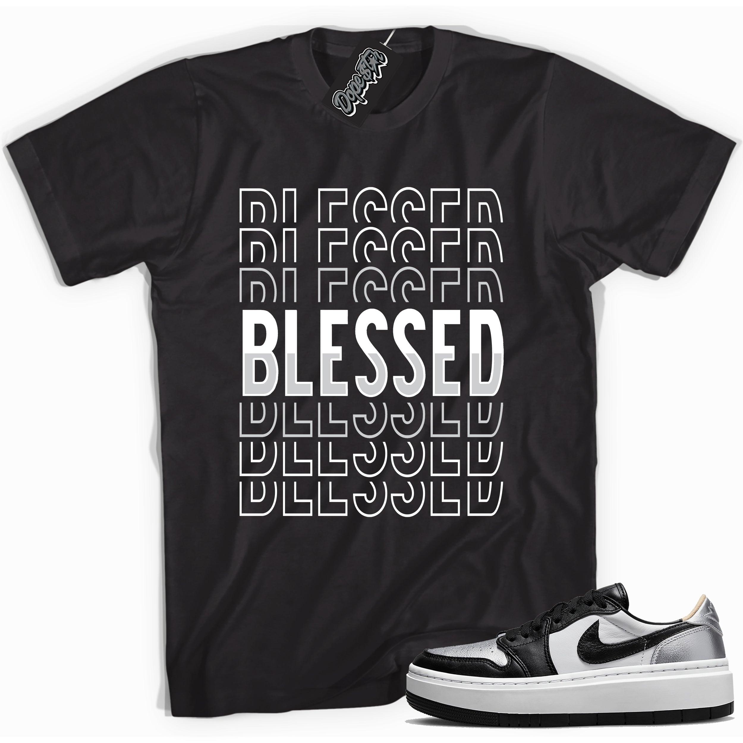 Cool black graphic tee with 'blessed' print, that perfectly matches Air Jordan 1 Elevate Low SE Silver Toe sneakers.