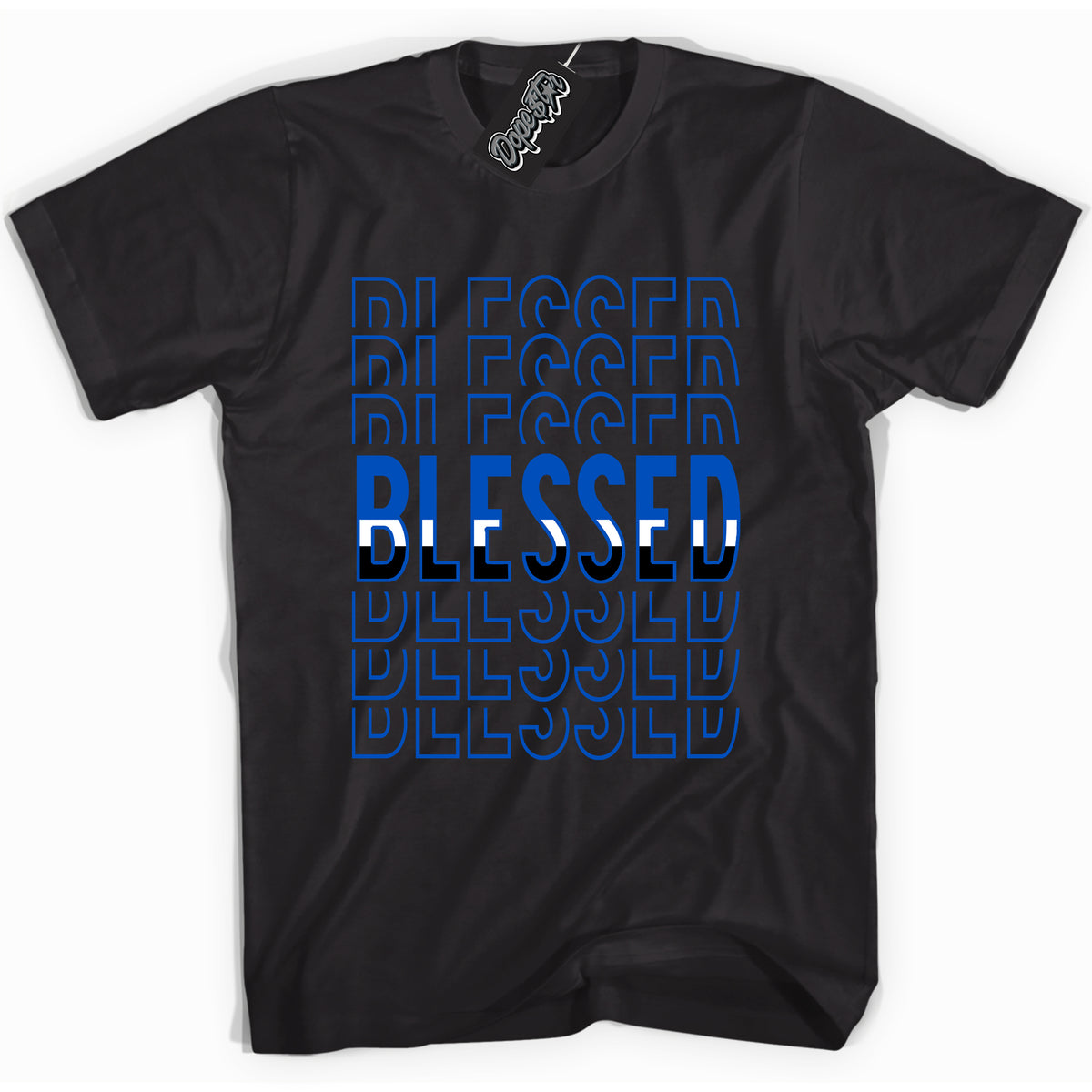 Cool Black graphic tee with Blessed Stacked print, that perfectly matches OG Royal Reimagined 1s sneakers 