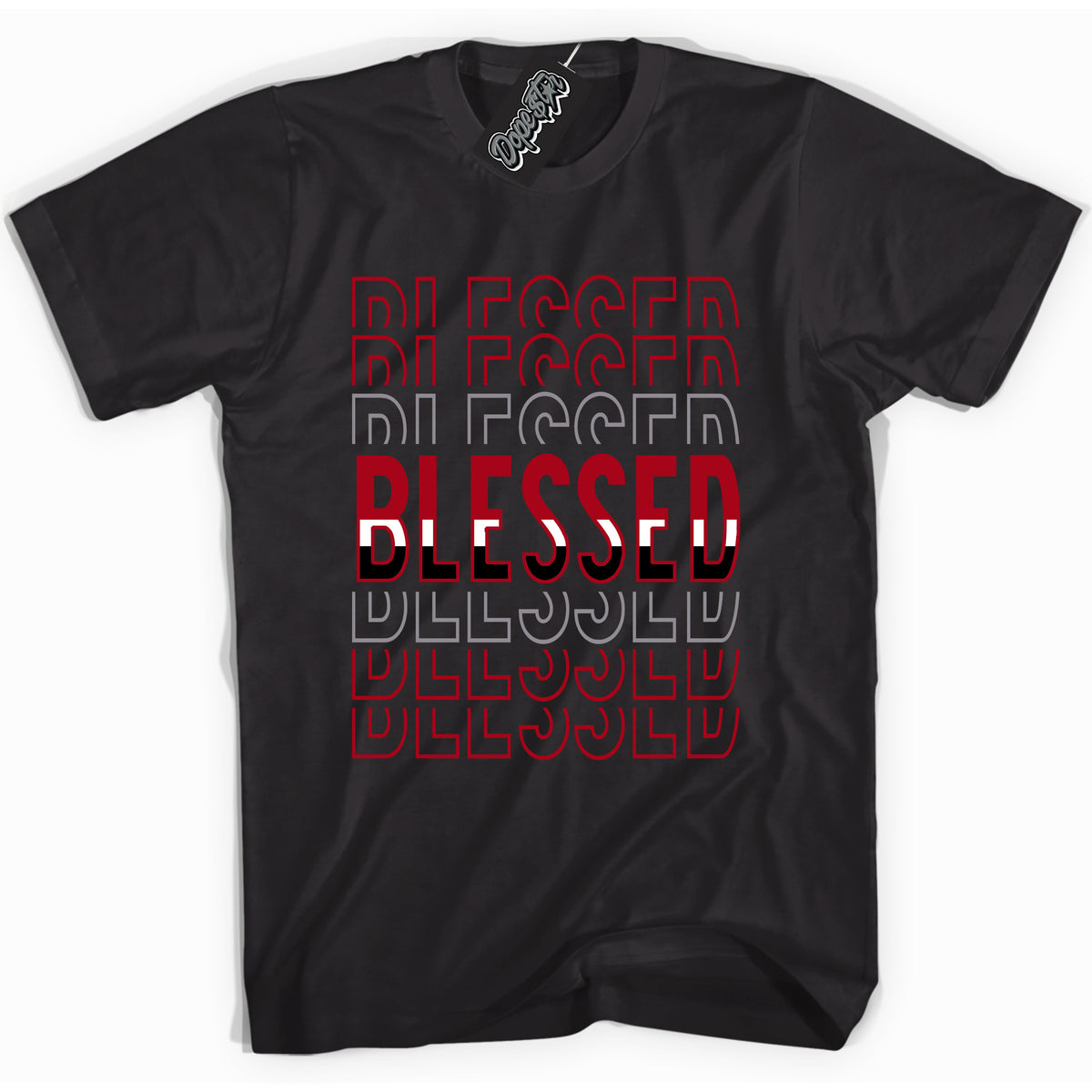 Cool Black Shirt with “ Blessed Stacked” design that perfectly matches Bred Reimagined 4s Jordans.
