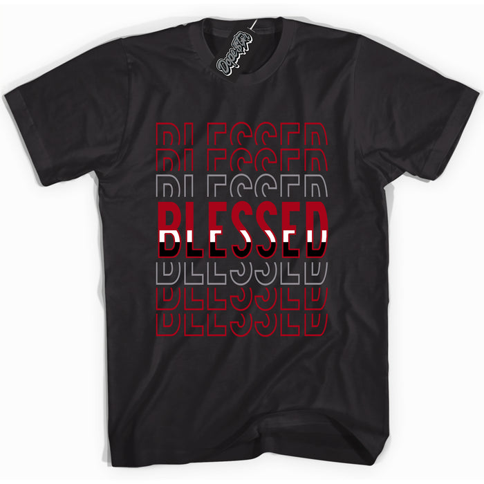 Cool Black Shirt with “ Blessed Stacked” design that perfectly matches Bred Reimagined 4s Jordans.