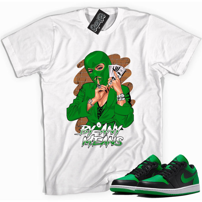 Cool white graphic tee with 'by any means' print, that perfectly matches Air Jordan 1 Low Lucky Green sneakers