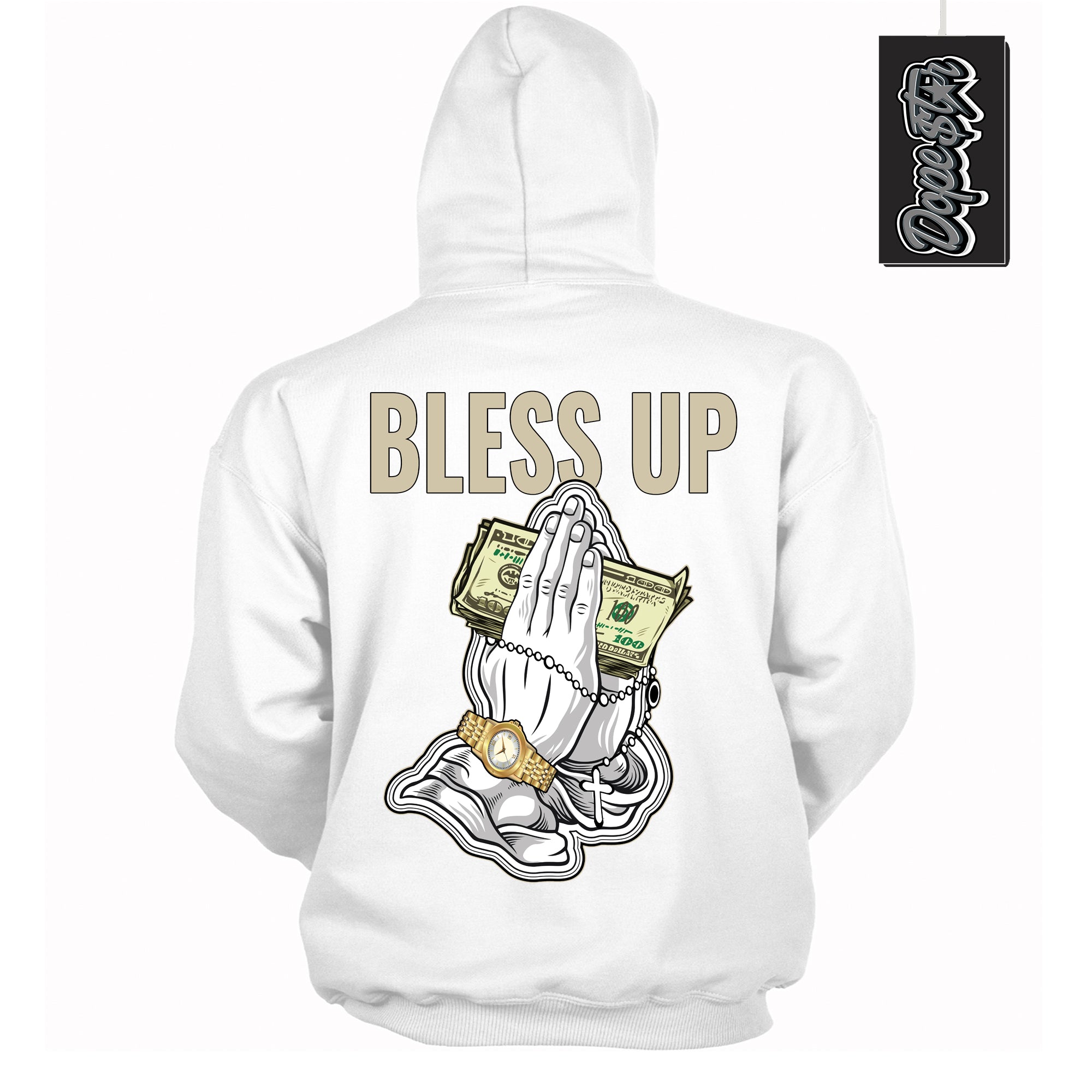 Cool White Hoodie with “ Bless Up ”  design that Perfectly Matches Gratitude 11s Sneakers.