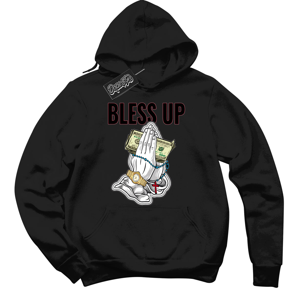 Cool Black Hoodie with “ Bless Up ”  design that Perfectly Matches  Bred Reimagined 4s Jordans.