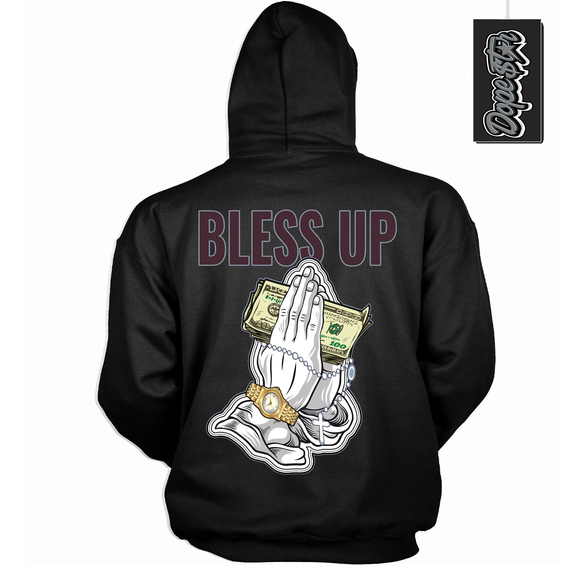 Cool Black Hoodie with “ Bless Up ”  design that Perfectly Matches Burgundy 5s Sneakers.