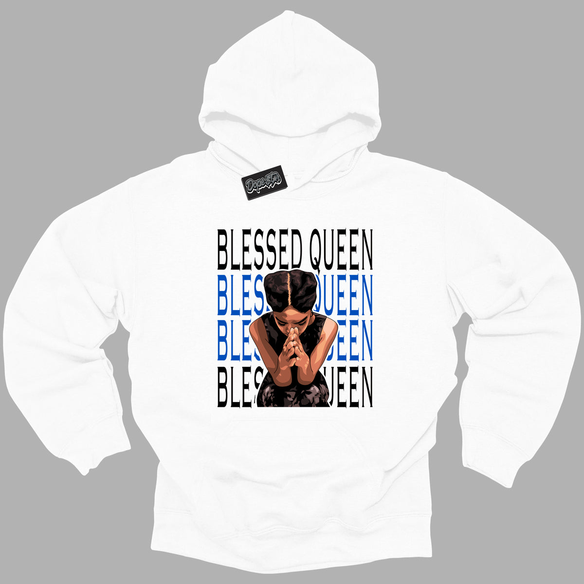 Cool White Hoodie with “ Blessed Queen ”  design that Perfectly Matches Royal Reimagined 1s Sneakers.