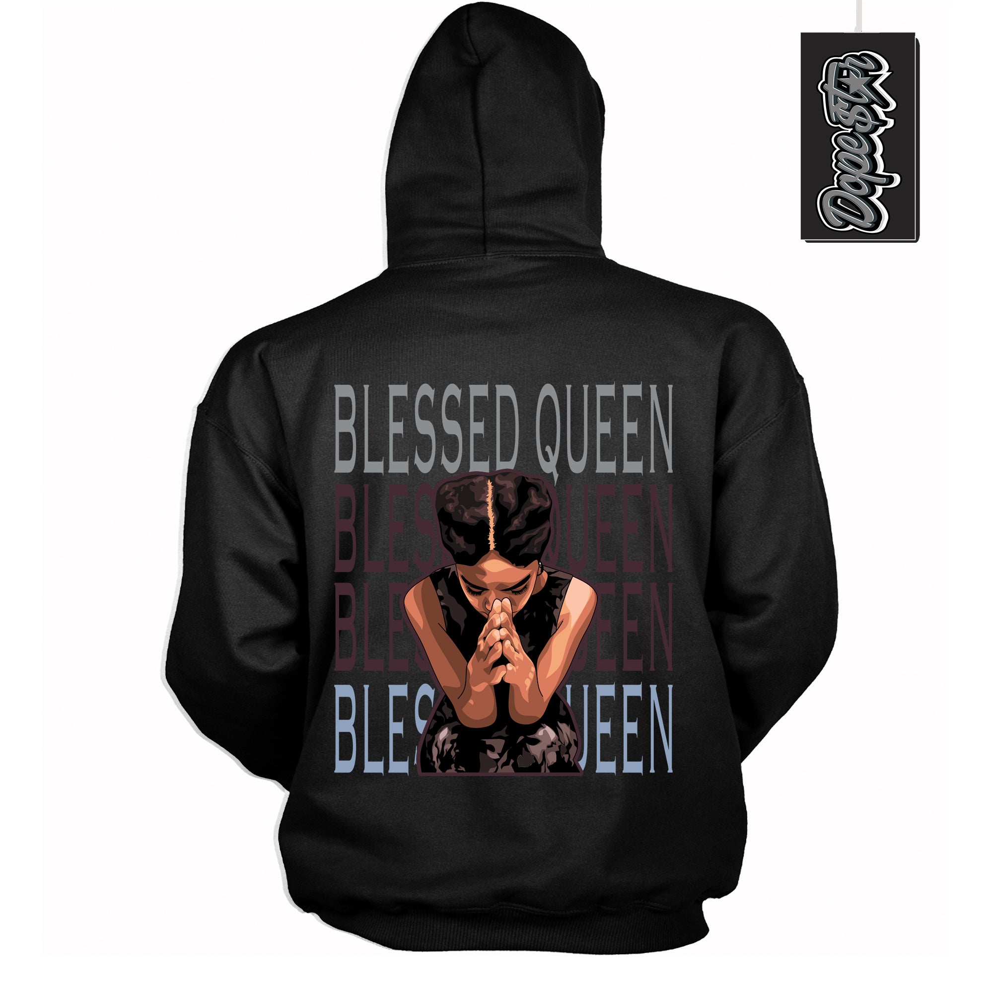 Cool Black Hoodie with “ Blessed Queen ”  design that Perfectly Matches Burgundy 5s Sneakers.