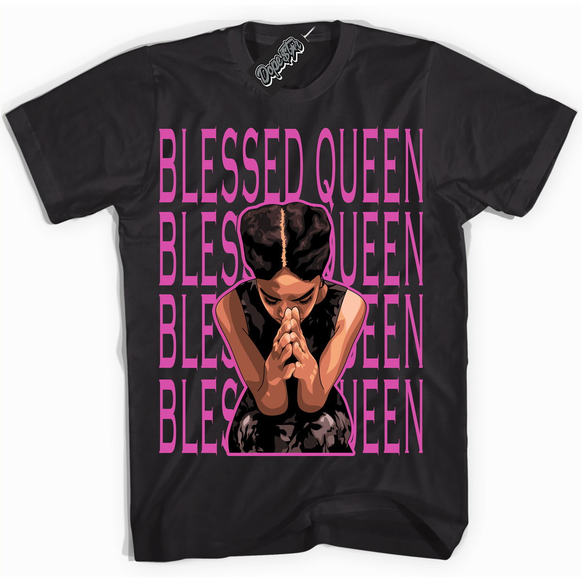 Black T-shirt with playful pink and black "Blessed Queen" graphic, made to match Air Max 1 Valentine's Day sneakers | Sneaker Shirts Outlet
