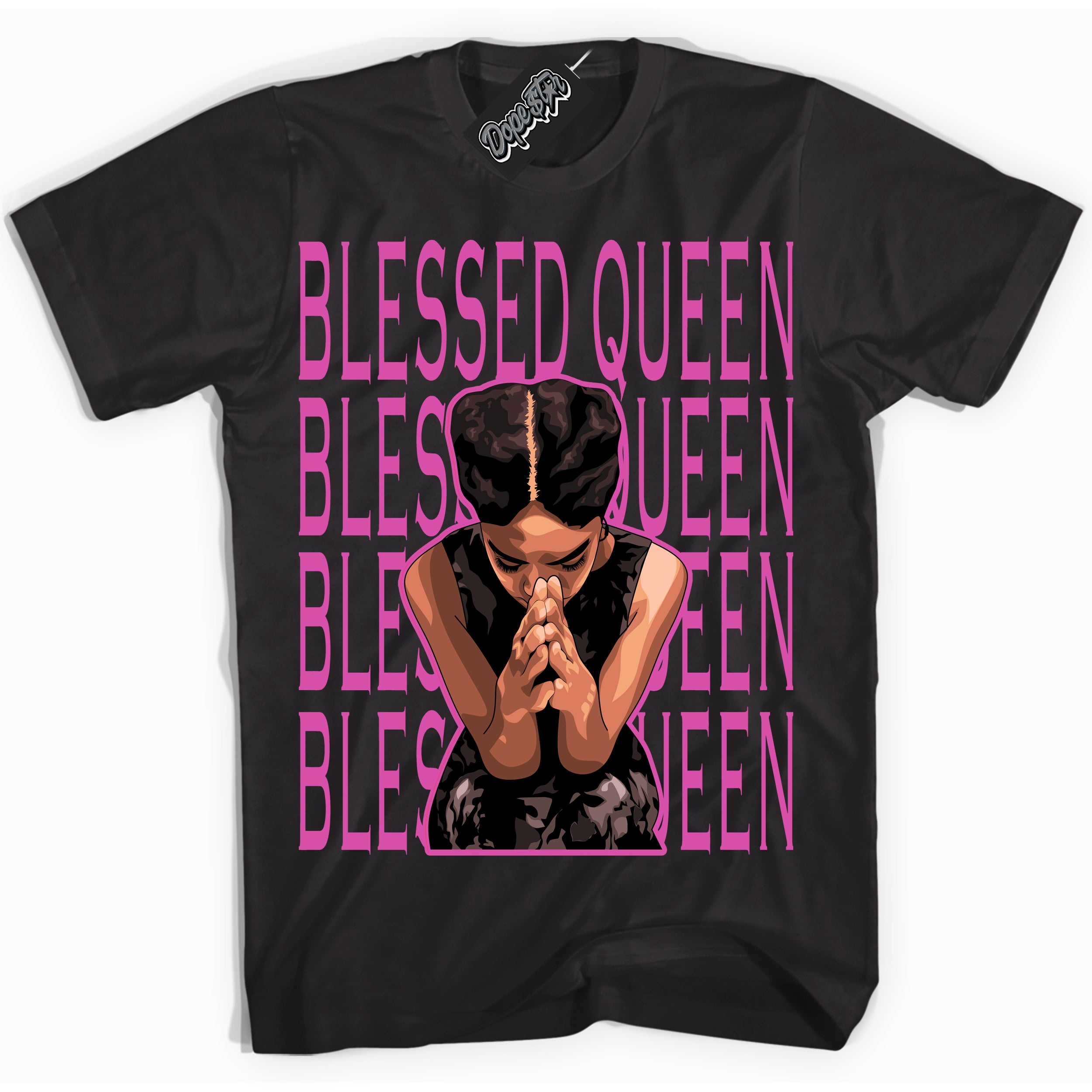 Black T-shirt with playful pink and black "Blessed Queen" graphic, made to match Air Max 1 Valentine's Day sneakers | Sneaker Shirts Outlet
