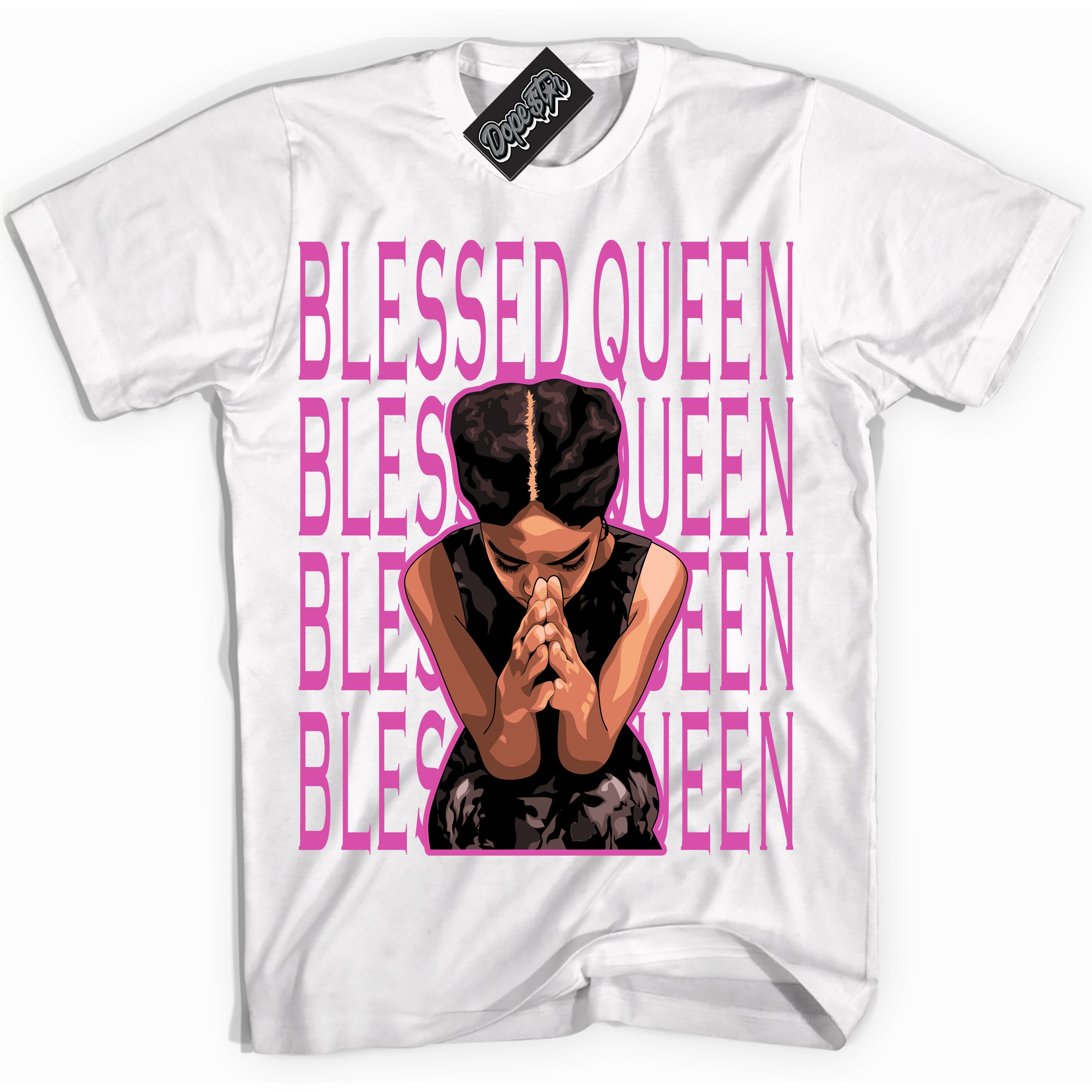 White T-shirt with playful pink and black "Blessed Queen" graphic, made to match Air Max 1 Valentine's Day sneakers | Sneaker Shirts Outlet
