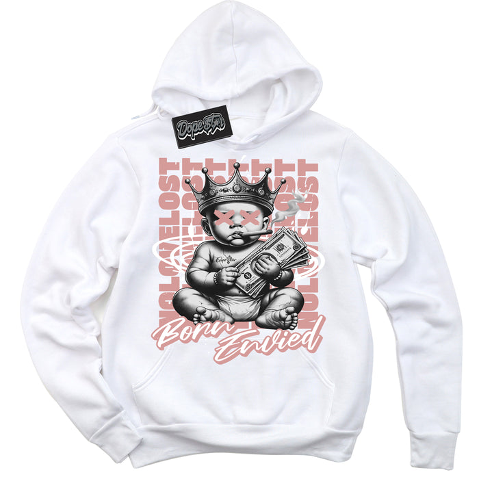 Cool White Hoodie with “Born Envied” design that Perfectly Matches Legend Pink 11s Sneakers.