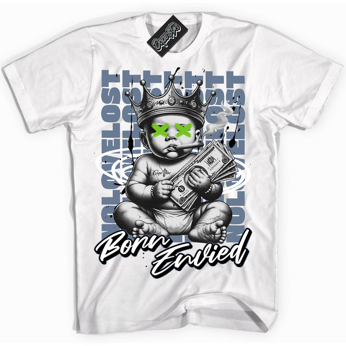 Cool White Shirt with “Born Envied” design that perfectly matches the Blue Grey 13s Sneakers.