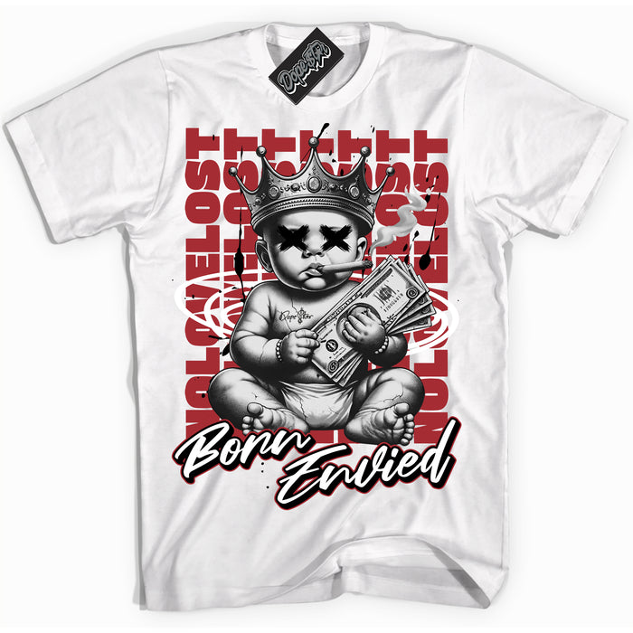 Cool White Shirt with “Born Envied” design that perfectly matches the Black Toe 14s Sneakers.