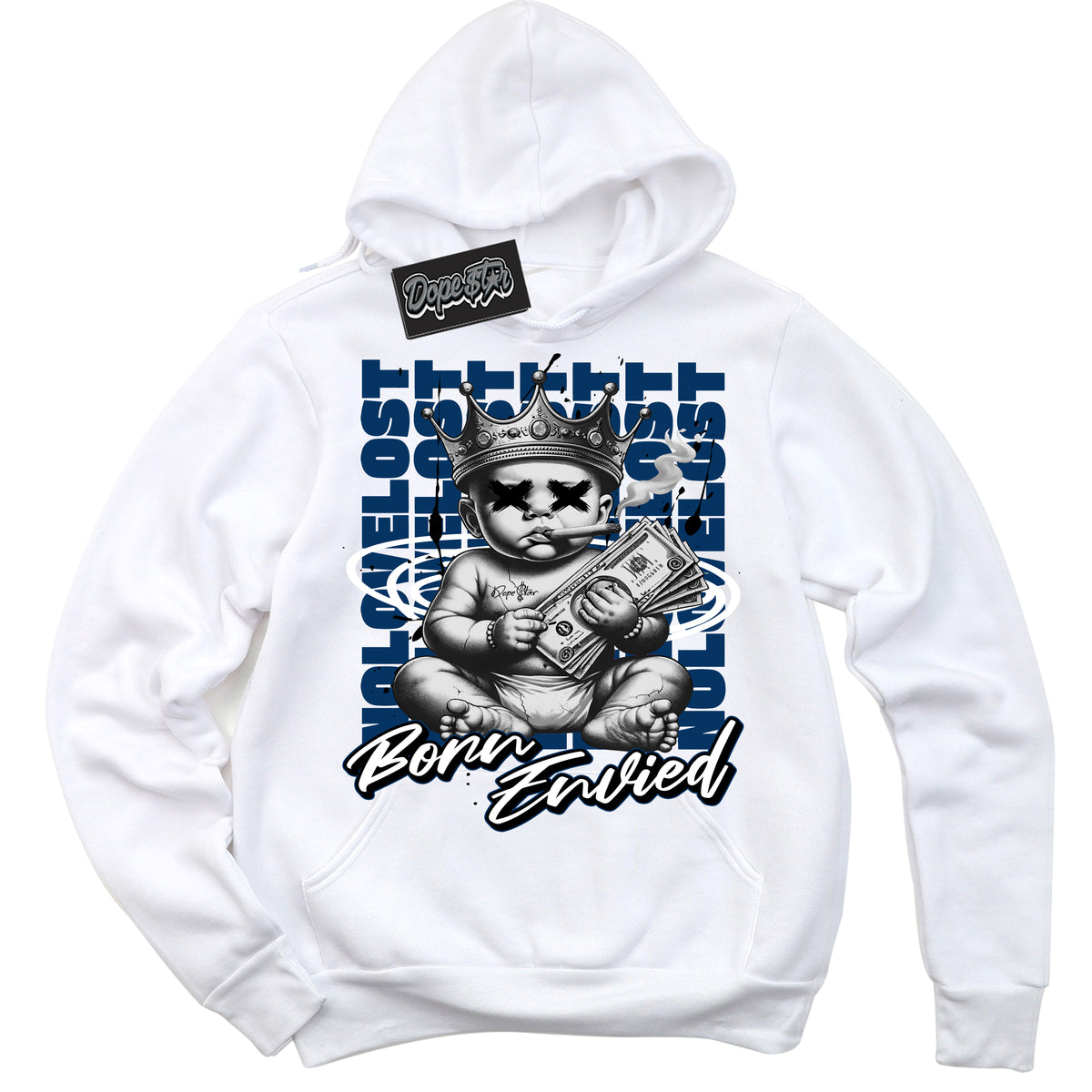 Cool White Hoodie with “Born Envied” design that Perfectly Matches Midnight Navy 1s Sneakers.