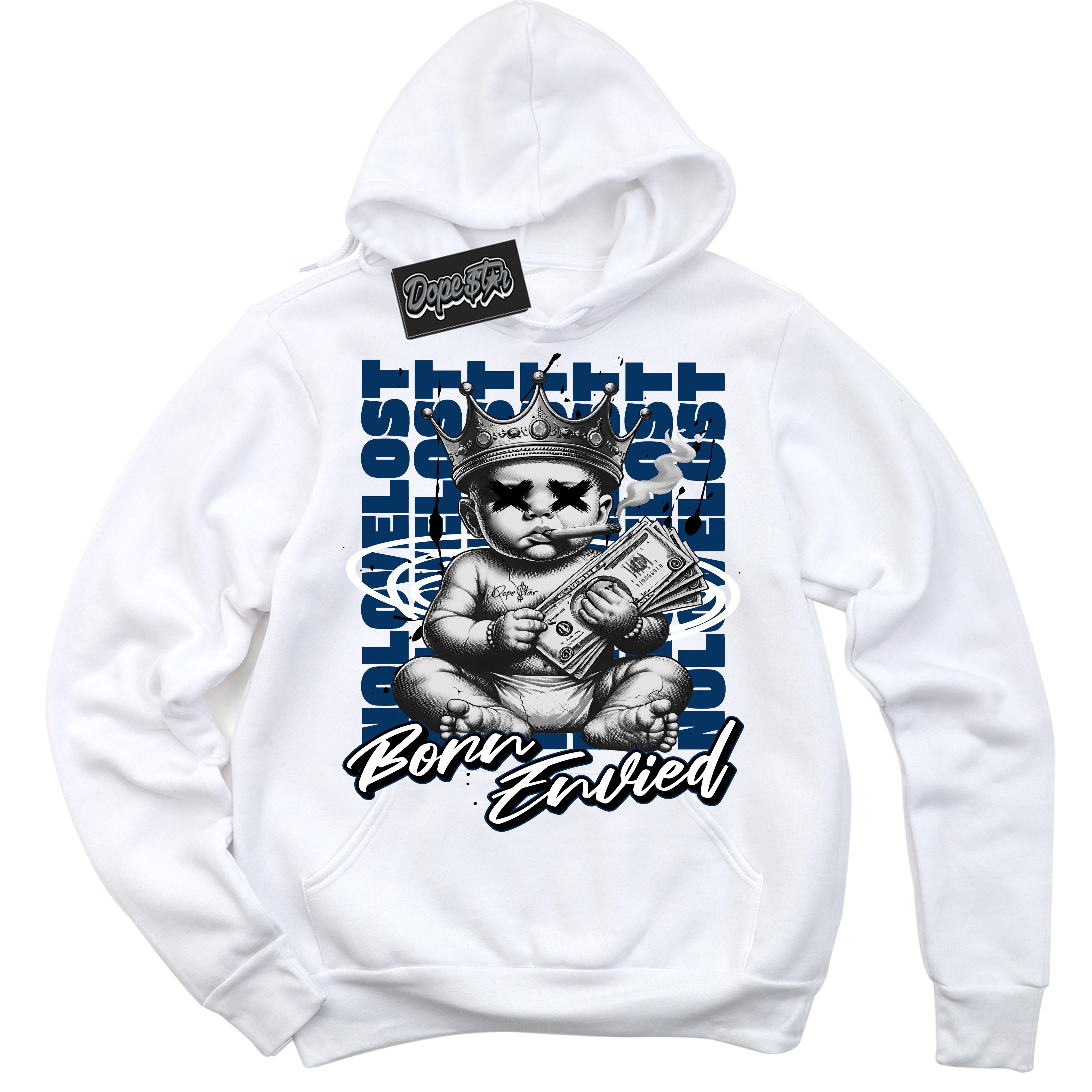 Cool White Hoodie with “Born Envied” design that Perfectly Matches Midnight Navy 1s Sneakers.