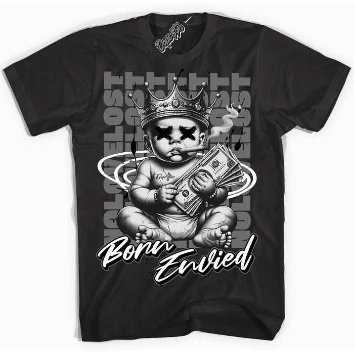 Cool Black Shirt with “Born Envied” design that perfectly matches the Iron Grey 1s Sneakers.