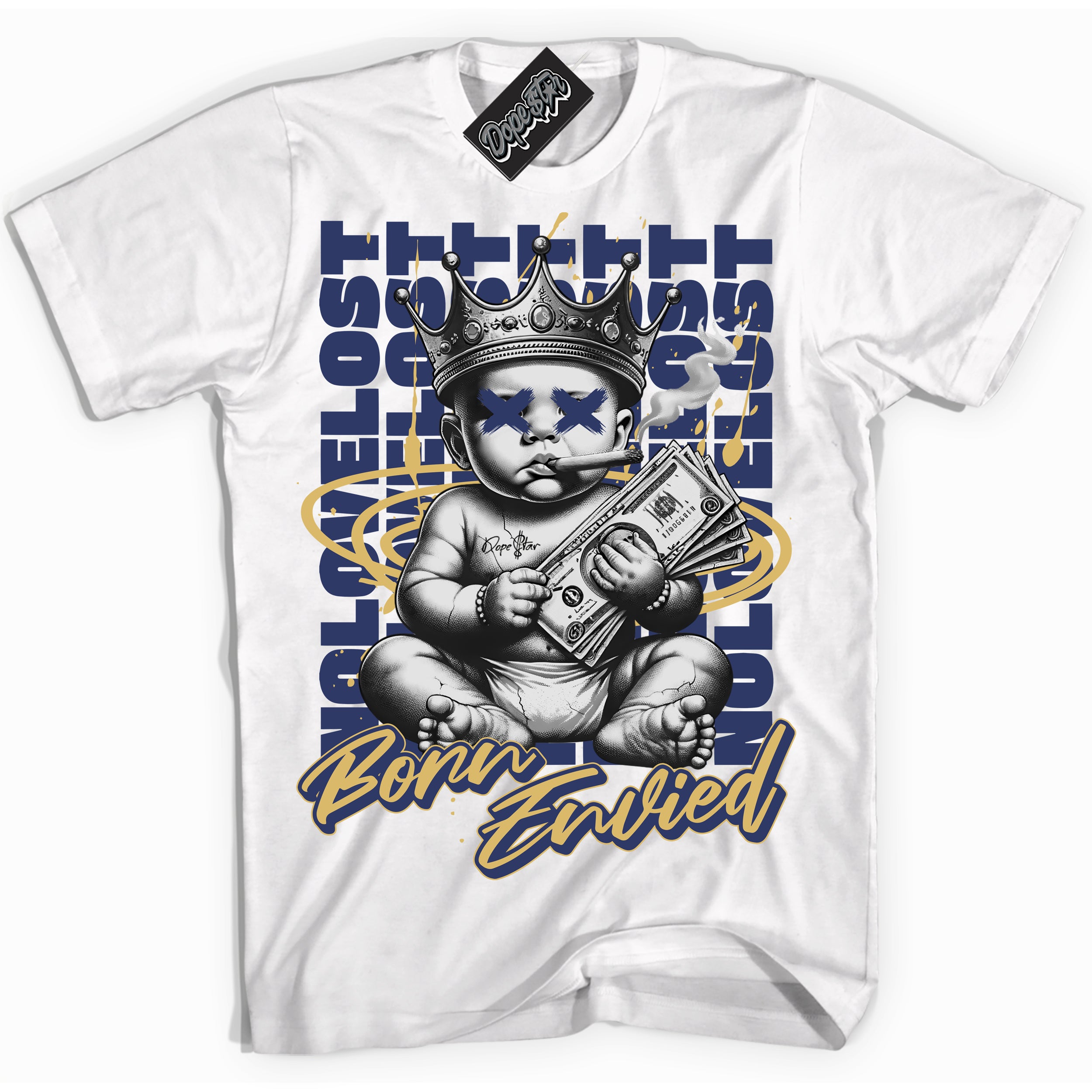 Cool White Shirt with “Born Envied” design that perfectly matches the Method Of Make Navy Metallic Gold 1s Sneakers.