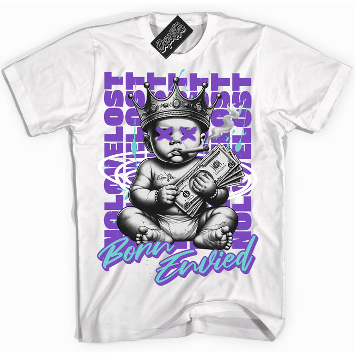 Cool White Shirt with “Born Envied” design that perfectly matches the Psychic Purple Hyper Jade 1s Sneakers.