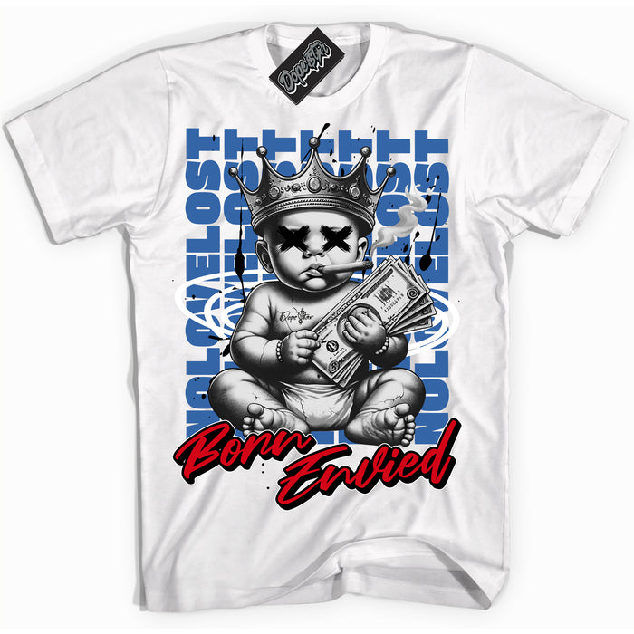 Cool White Shirt with “Born Envied” design that perfectly matches the Industrial Blue Sashiko 1s Sneakers.