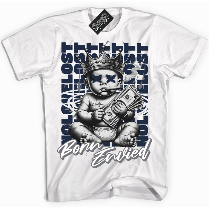 Cool White Shirt with “Born Envied” design that perfectly matches the Low Wolf Grey 1s Sneakers.