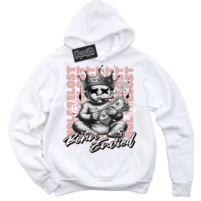Cool White Hoodie with “Born Envied” design that Perfectly Matches Legend Pink 1s Sneakers.