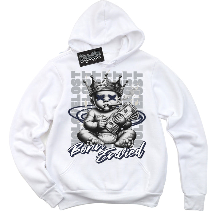 Cool White Hoodie with “Born Envied” design that Perfectly Matches Midnight Navy 3s Sneakers.