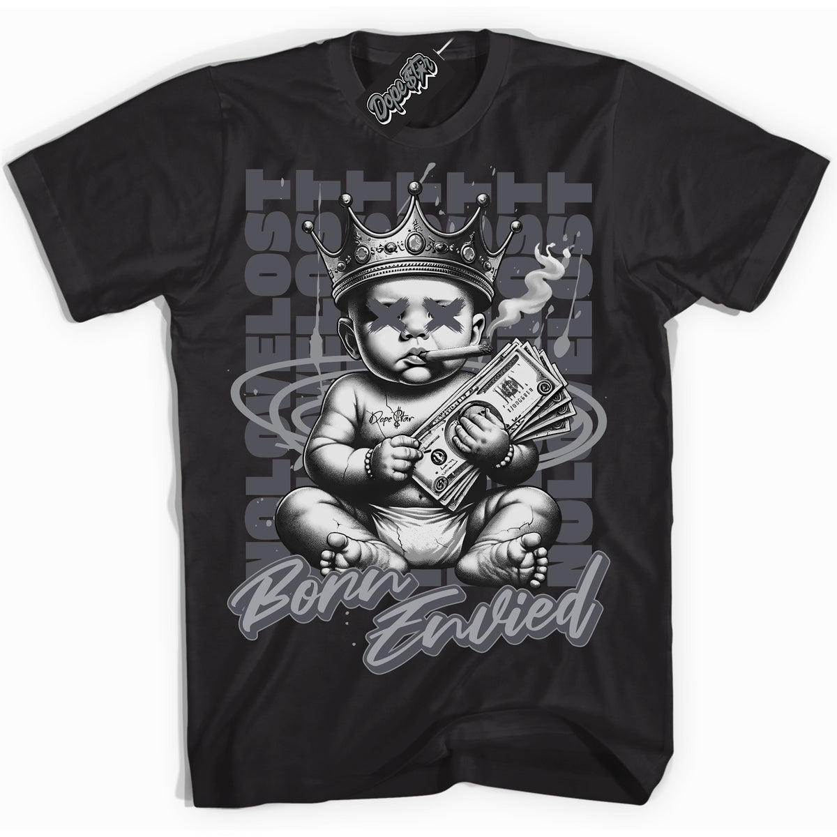 Cool Black Shirt with “Born Envied” design that perfectly matches the Paris Olympics Wet Cement 4s Sneakers.