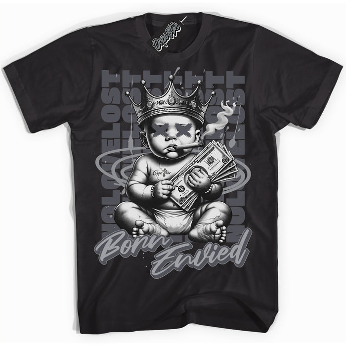 Cool Black Shirt with “Born Envied” design that perfectly matches the Paris Olympics Wet Cement 4s Sneakers.
