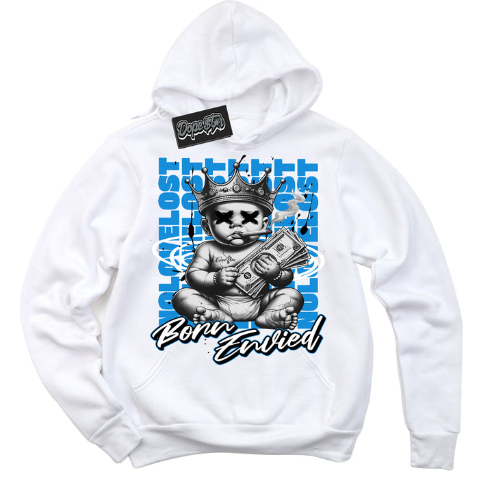 Cool White Hoodie with “Born Envied” design that Perfectly Matches Powder Blue 9s Sneakers.