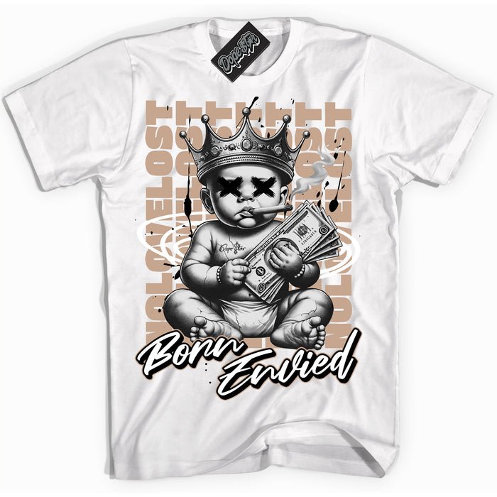Cool White Shirt with “Born Envied” design that perfectly matches the Neapolitan 11s Sneakers.