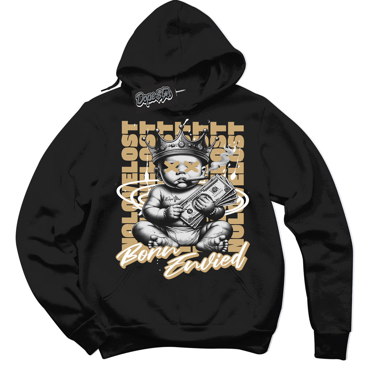 Jordan MVP White Metallic Gold ‘Born Envied’ – Black Streetwear Hoodie | Sneaker Matching sweatshirt for Jordan MVP White Metallic Gold | Men's and Women's Streetwear Graphic Hoodie by Sneaker Shirts Outlet
