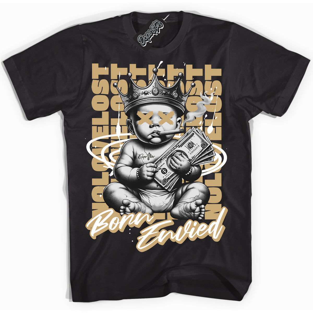 Jordan MVP White Metallic Gold ‘Born Envied’ – Black Streetwear T-Shirt | Sneaker Matching shirt for Jordan MVP White Metallic Gold | Men's and Women's Streetwear Graphic Tee by Sneaker Shirts Outlet.
