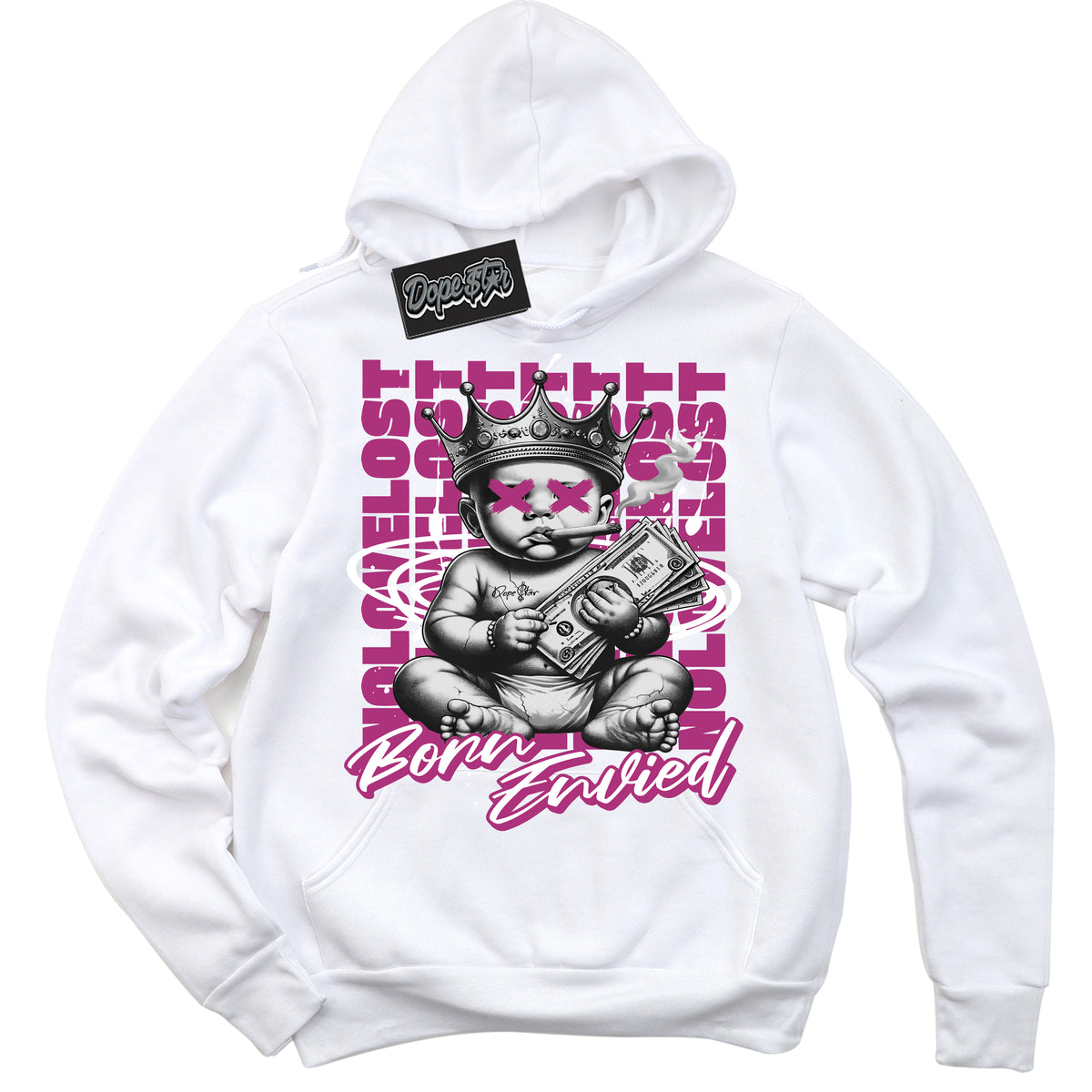 Cool White Hoodie with “Born Envied” design that Perfectly Matches Next Nature Hot Fuchsia Dunk Sneakers.