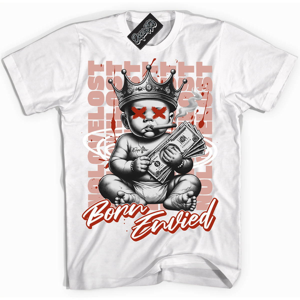 Cool White Shirt with “Born Envied” design that perfectly matches the Red Stardust Dunk Sneakers.
