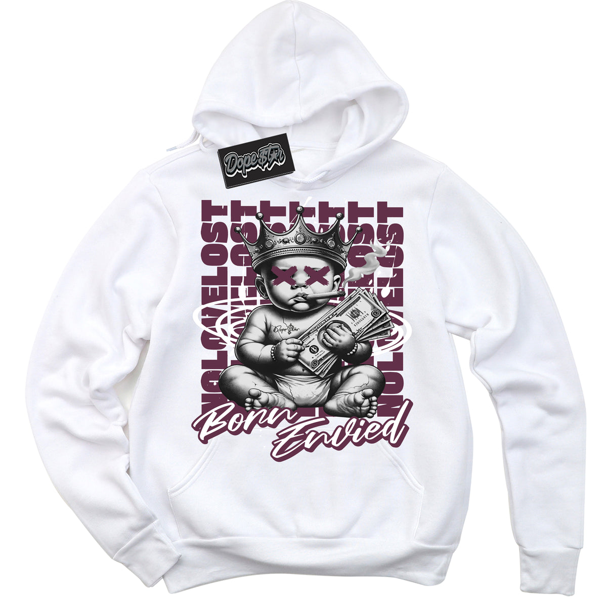 Cool White Hoodie with “Born Envied” design that Perfectly Matches Viotech Dunk Sneakers.
