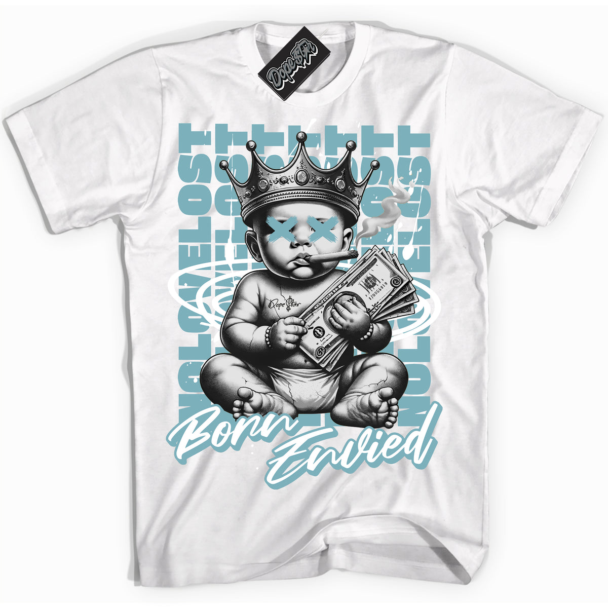 Cool White Shirt with “Born Envied” design that perfectly matches the Denim Turquoise Dunk Sneakers.