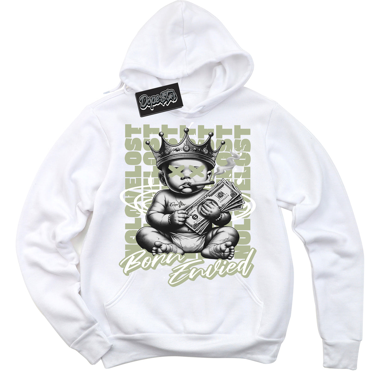 Cool White Hoodie with “Born Envied” design that Perfectly Matches Next Nature Olive Aura Dunk Sneakers.