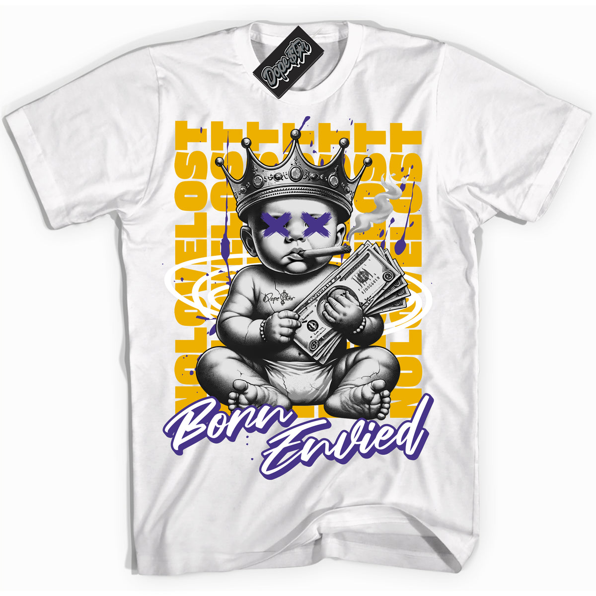 Cool White Shirt with “Born Envied” design that perfectly matches the Kobe 8 Protro Lakers Home Sneakers.