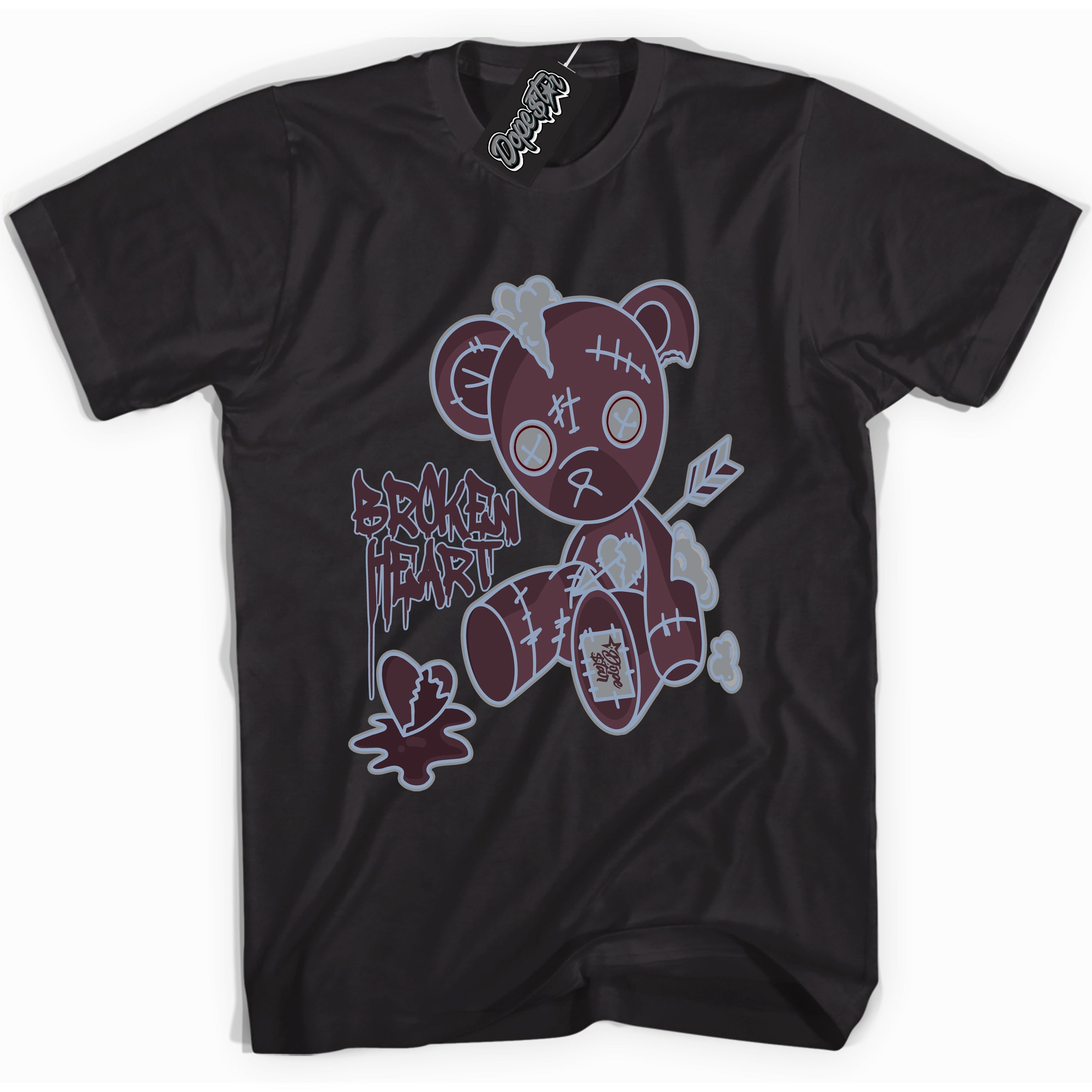 Cool Black Shirt with “ Broken Heart Bear” design that perfectly matches Burgundy 5s Sneakers.