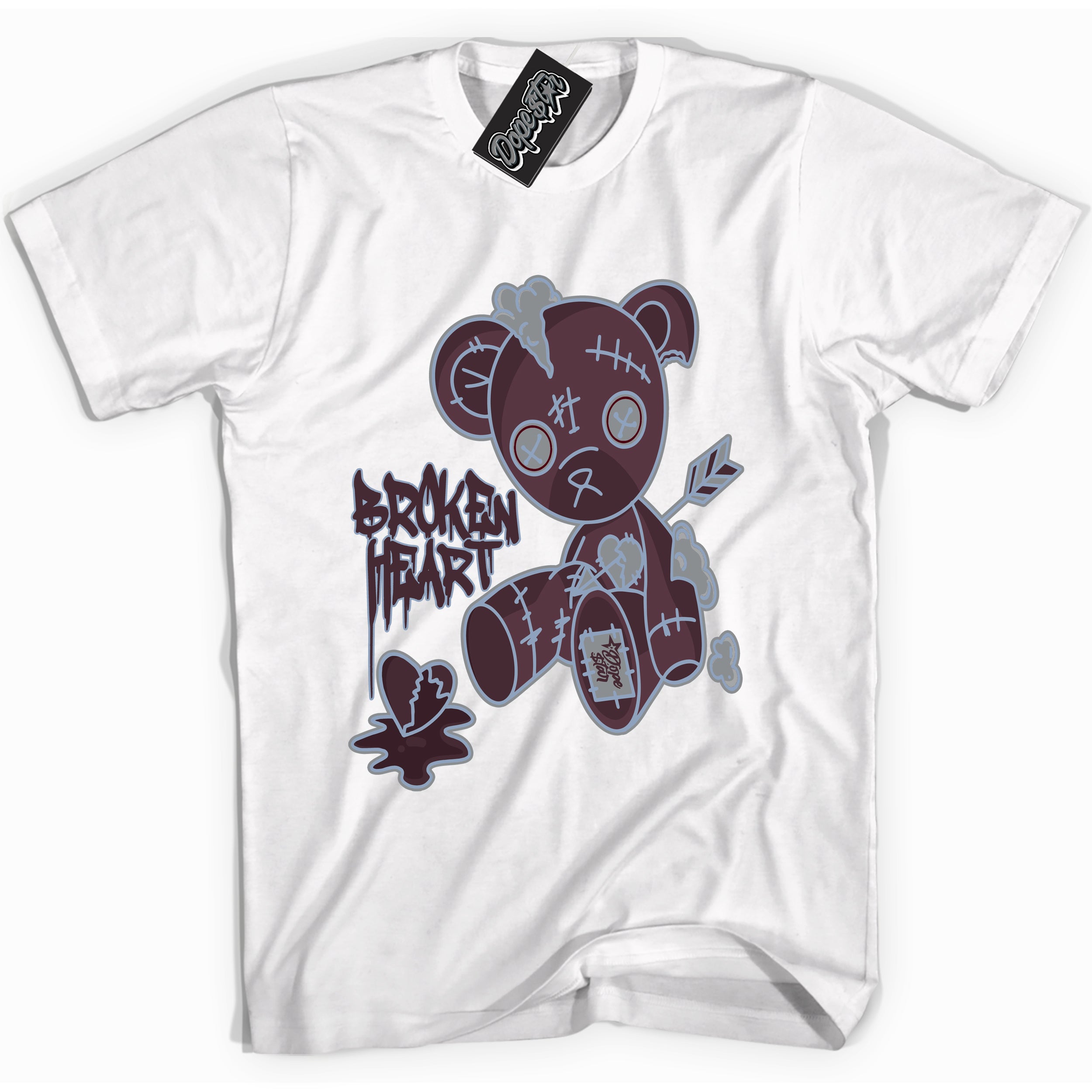 Cool White Shirt with “ Broken Heart Bear” design that perfectly matches Burgundy 5s Sneakers.
