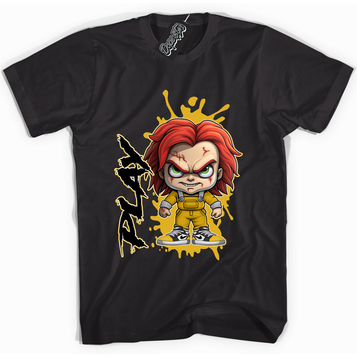 Cool Black Shirt with “ Play ” design that perfectly matches Yellow Ochre 6s Sneakers.
