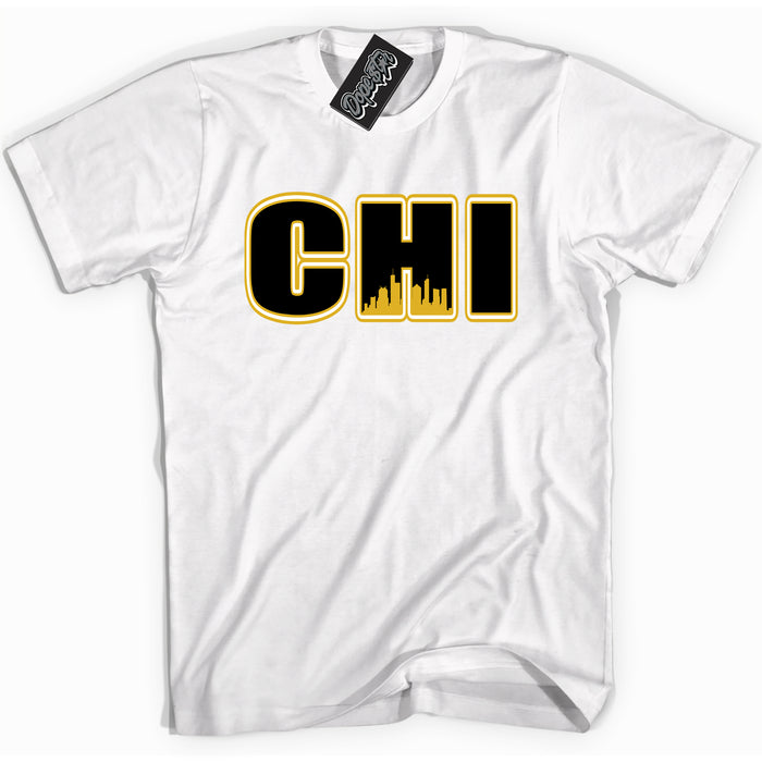 Cool White Shirt with “ Chicago” design that perfectly matches Yellow Ochre 6s Sneakers.