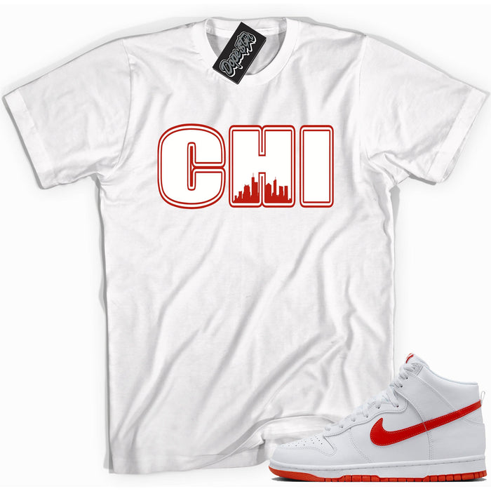 Cool white graphic tee with 'CHI' print, that perfectly matches Nike Dunk High White Picante Red sneakers.