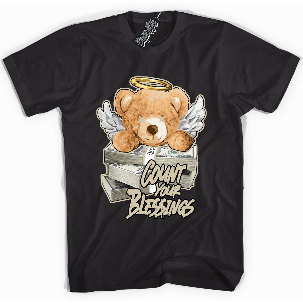 Cool Black Shirt with “ Count Your Blessings” design that perfectly matches Gratitude 11s Sneakers.