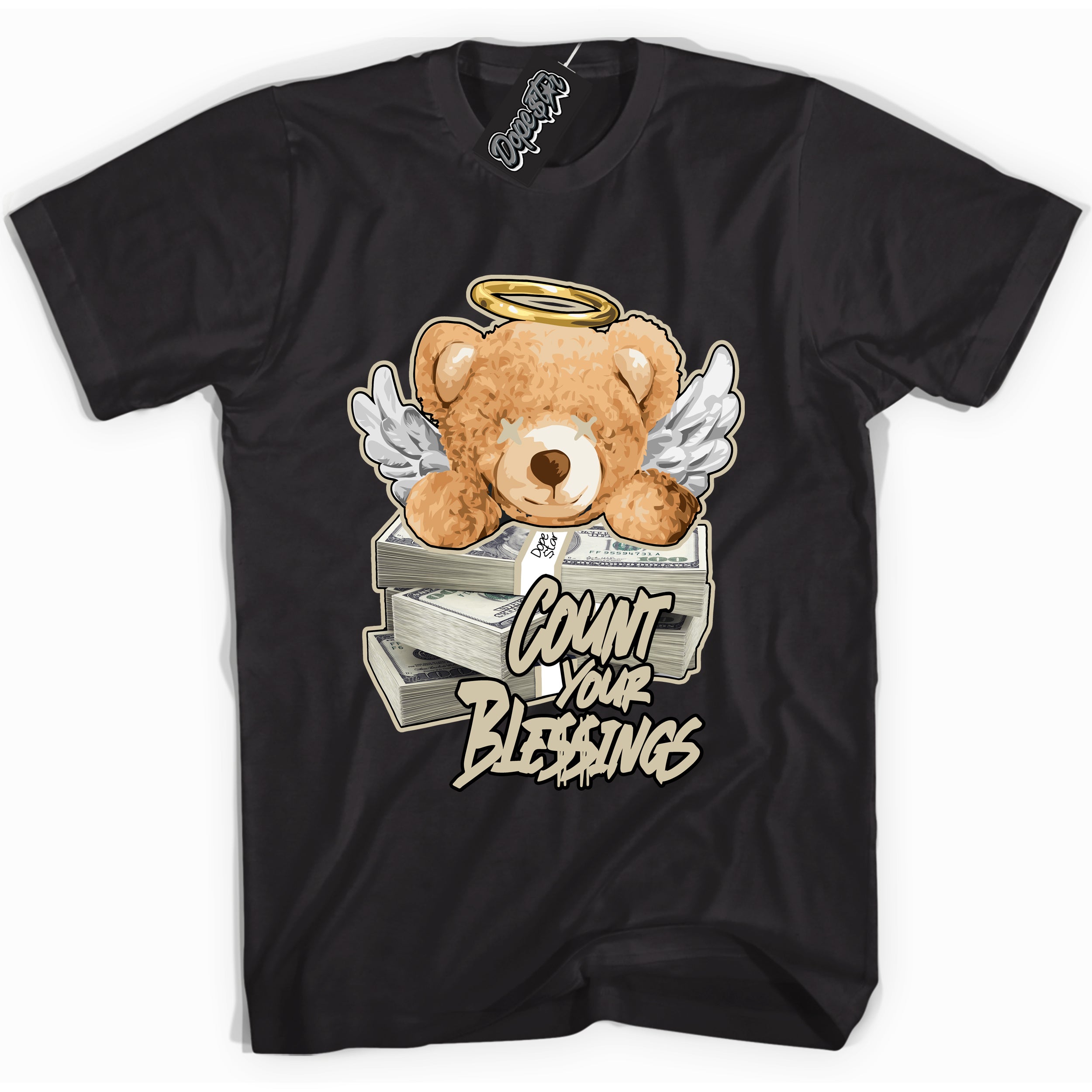 Cool Black Shirt with “ Count Your Blessings” design that perfectly matches Gratitude 11s Sneakers.