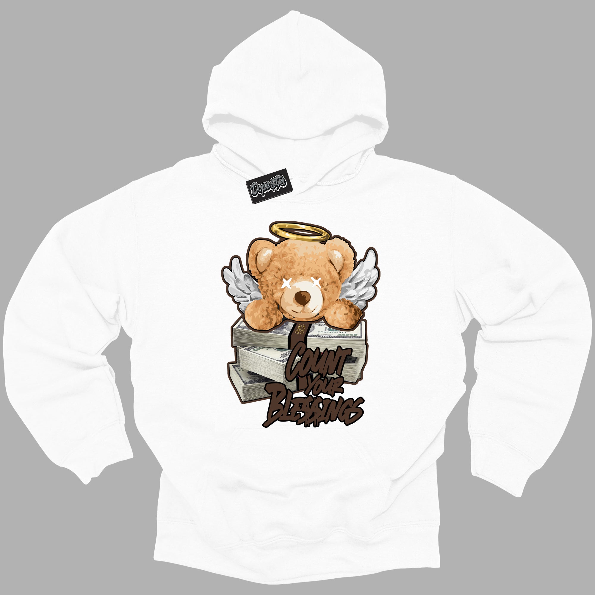 Cool White Graphic DopeStar Hoodie with “ Count Your Blessings “ print, that perfectly matches Palomino 1s sneakers