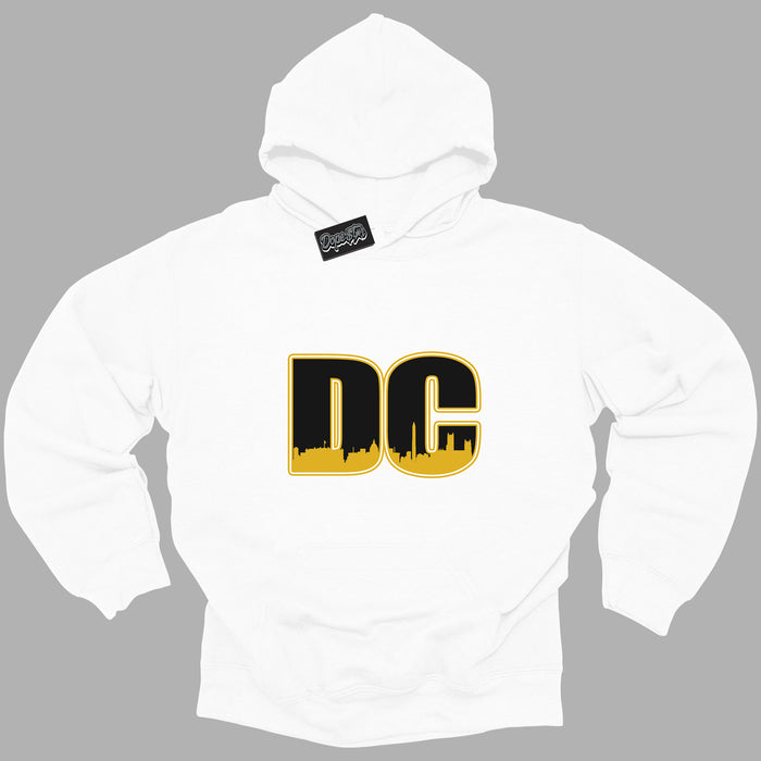 Cool White Hoodie with “ DC ”  design that Perfectly Matches Yellow Ochre 6s Sneakers.
