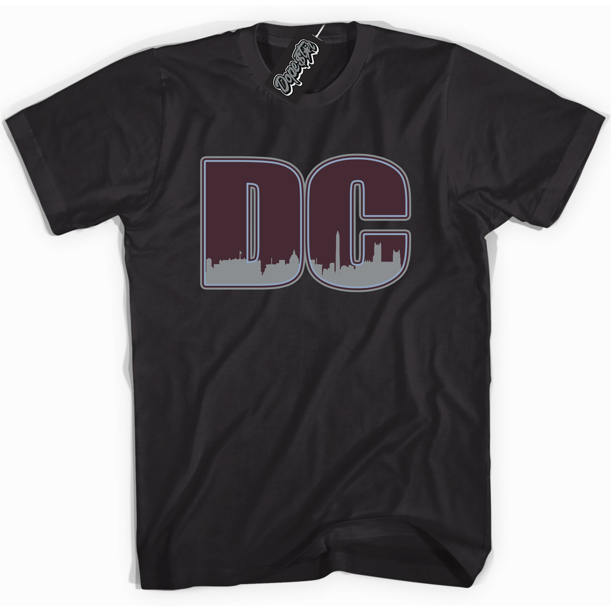 Cool Black Shirt with “ DC” design that perfectly matches Burgundy 5s Sneakers.